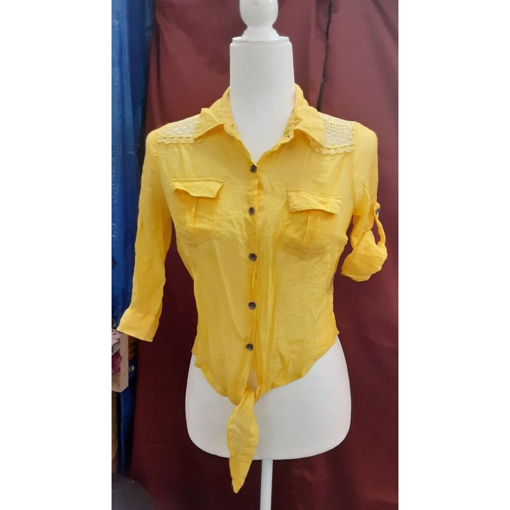 Rock Revolution Rock Gal Sheer Yellow Button Up Shirt Size Small